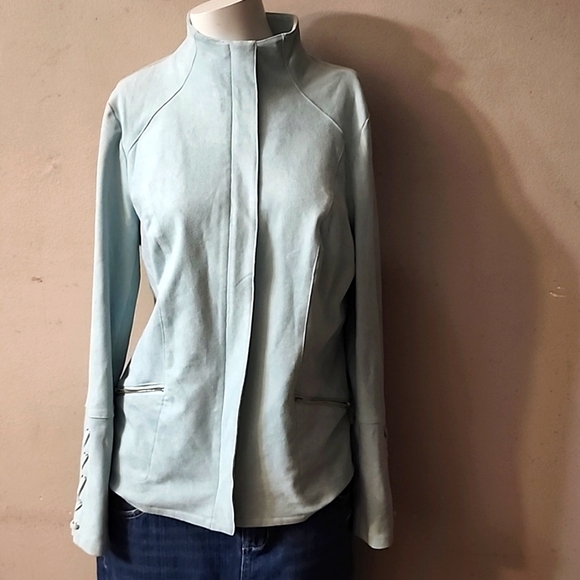 Chico's Jackets & Blazers - Chico's Light Green/blue Faux Suede Jacket Braided Cuffs Stretch Zip Pockets